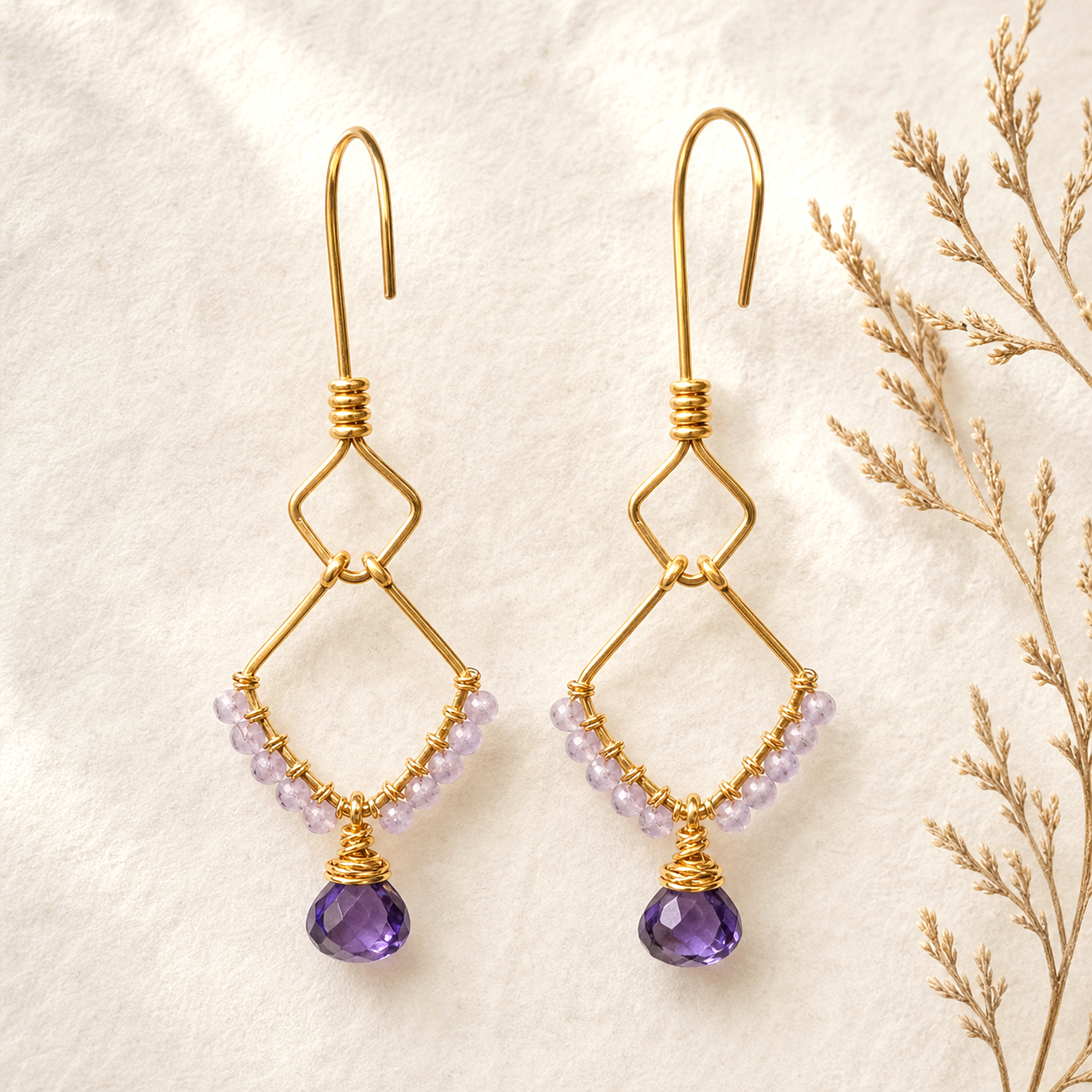 hedylane-p01-gold-diamond-amethyst-botanical-restored-2000 Gold Wire Diamond Amethyst Earrings