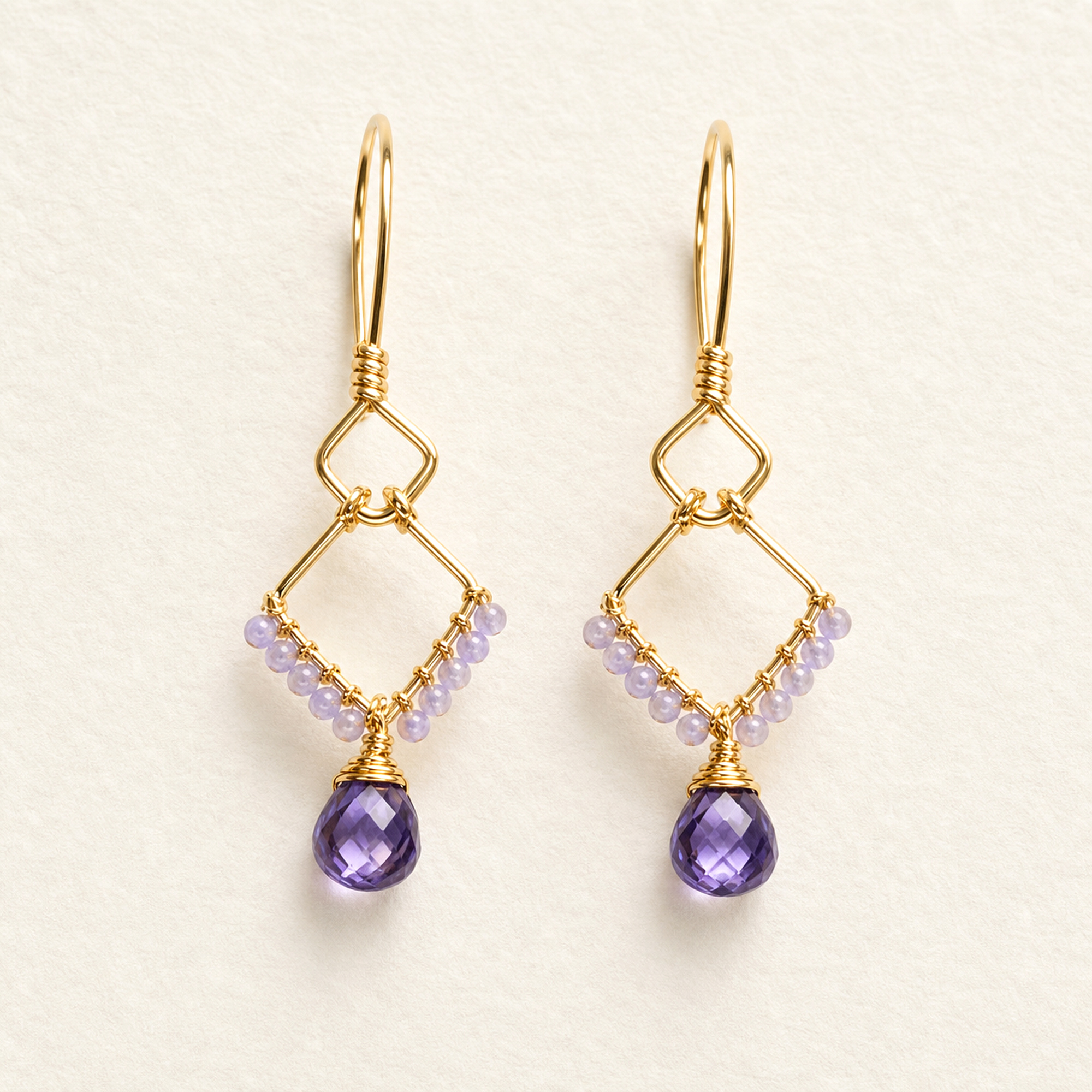 Gold Wire Diamond Amethyst Earrings