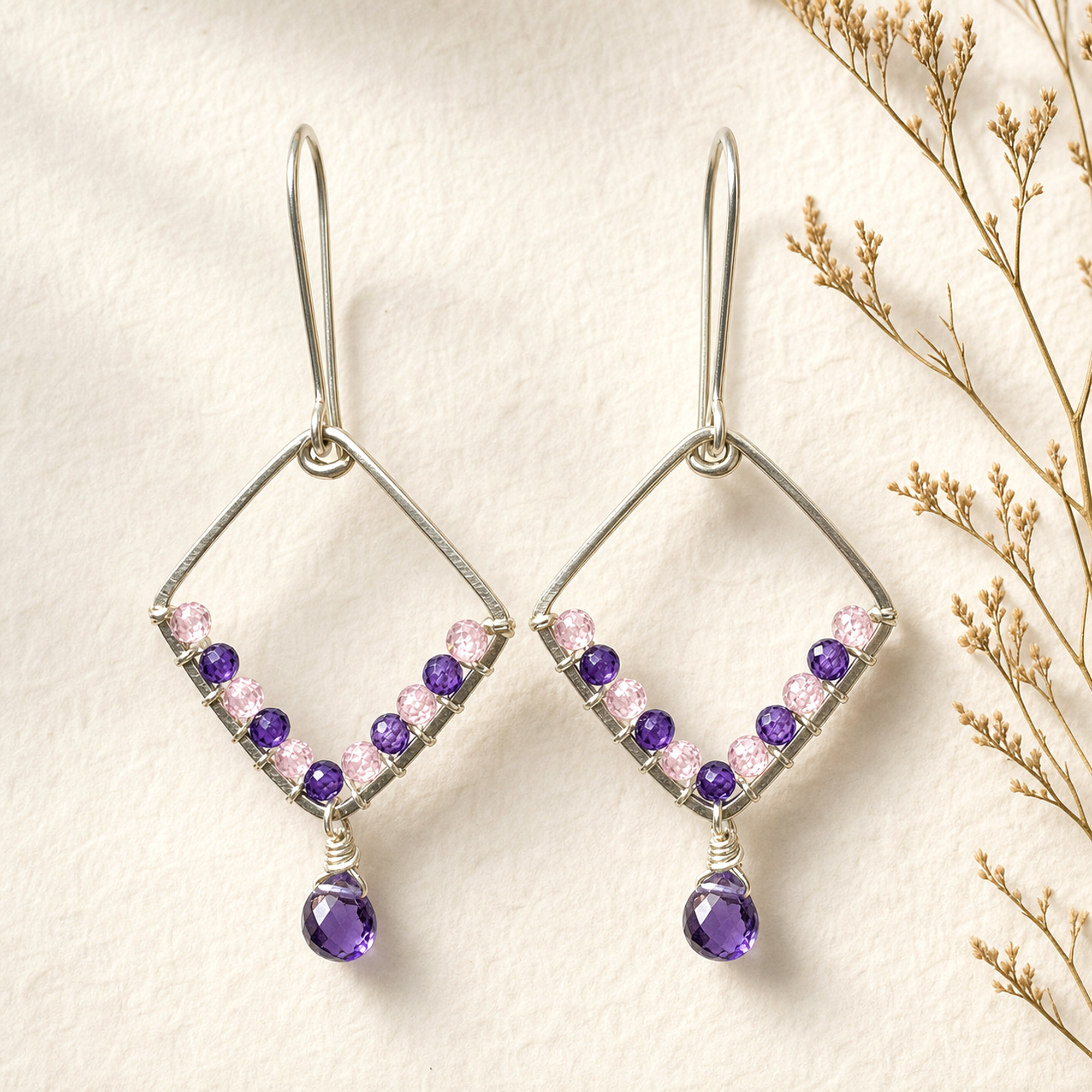 Silver Wire Diamond Amethyst Earrings