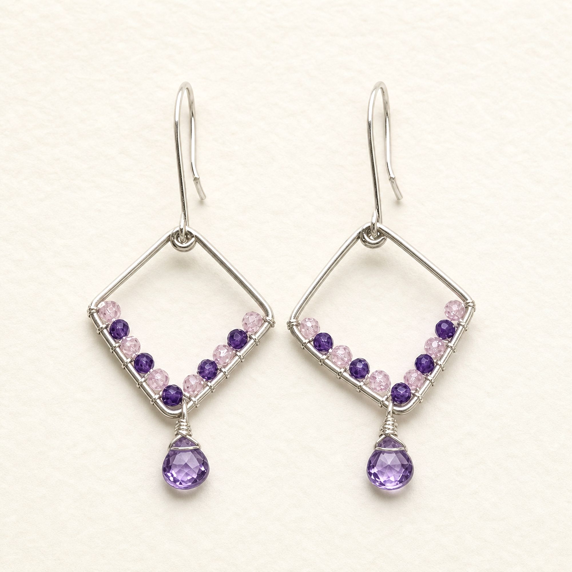 Silver Wire Diamond Amethyst Earrings