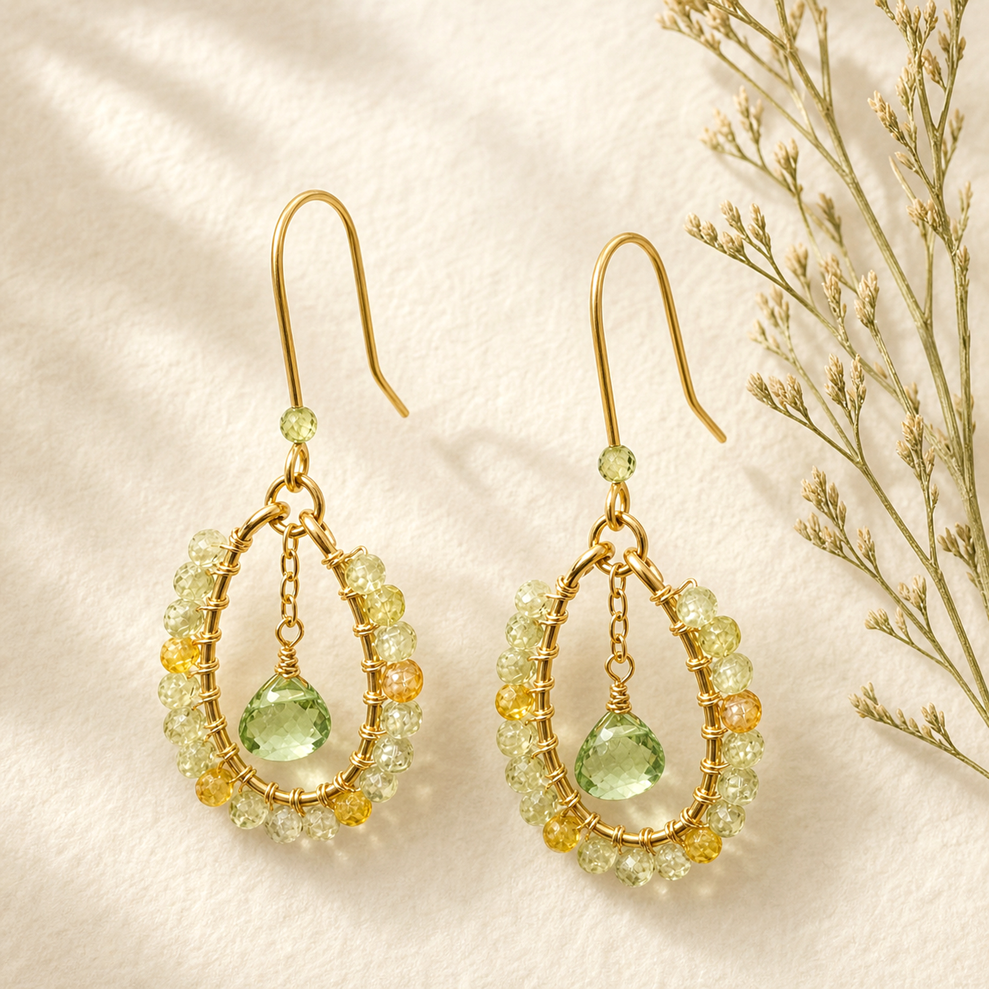 hedylane-p04-gold-oval-peridot-botanical-2000 Gold Wire Oval Peridot Earrings