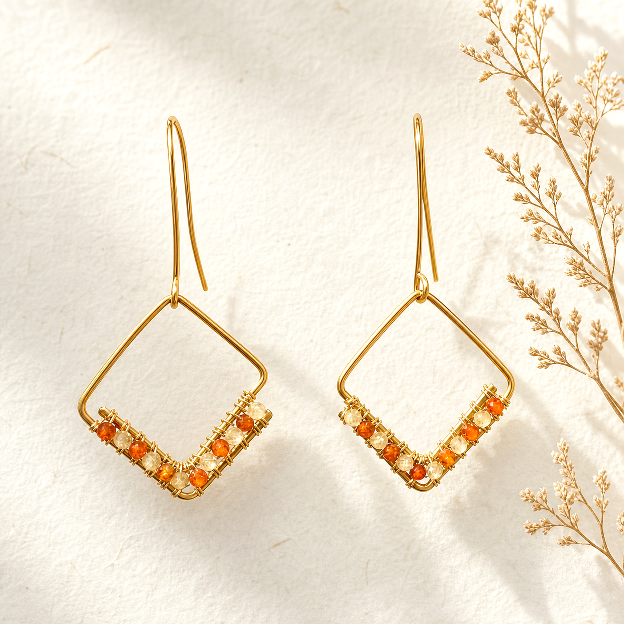 hedylane-p05-square-carnelian-botanical-2000 Gold Wire Square Carnelian Earrings