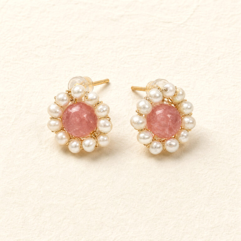 Rose quartz and freshwater pearl flower earrings, flat lay
