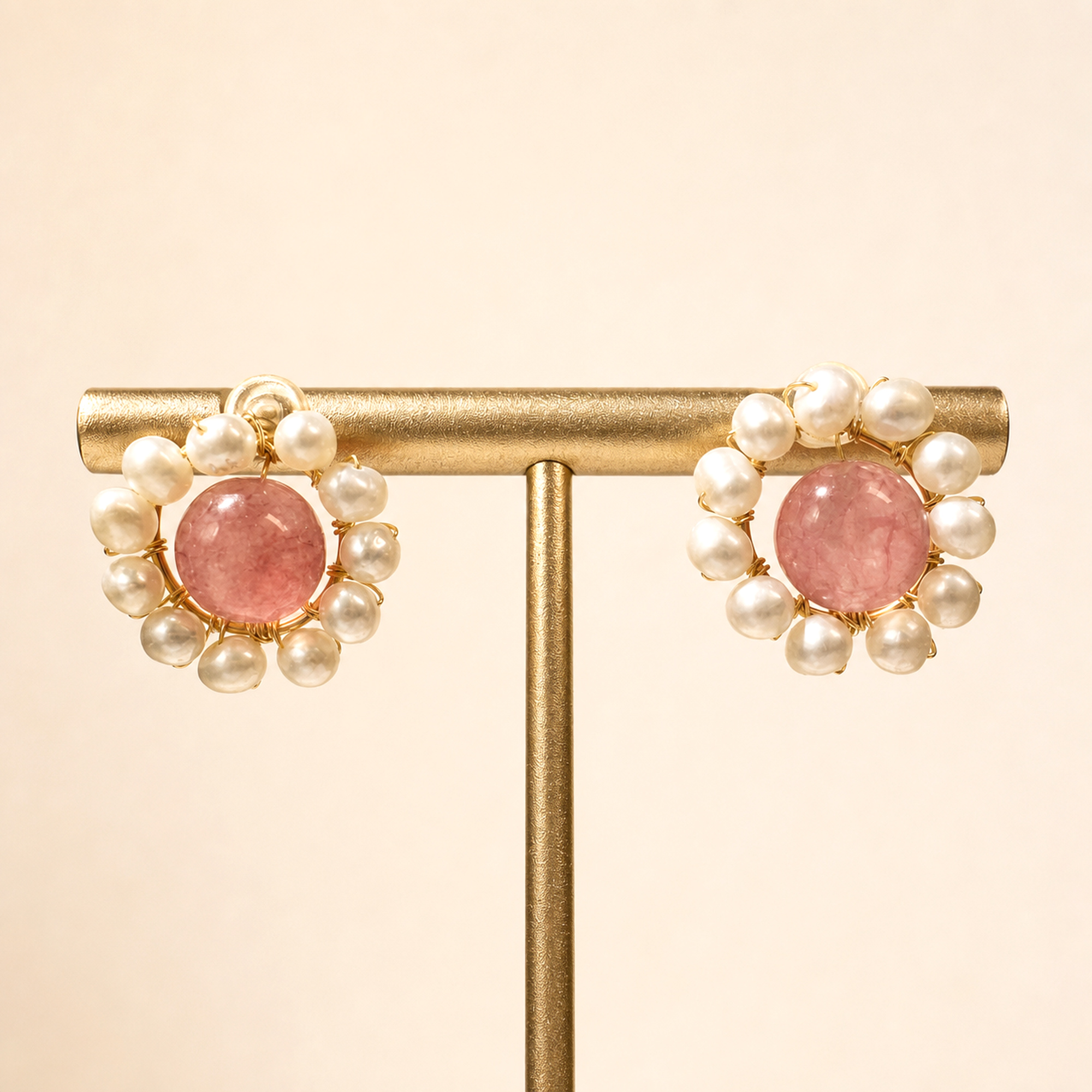 Rose Quartz and Pearl Flower Stud Earrings