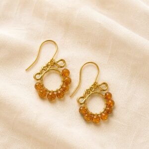 hedylane-p10-gold-s-swirl-amber-flatlay-2000 Gold S-Swirl Amber Bead Earrings — handcrafted wire-wrapped gemstone jewelry, flat lay