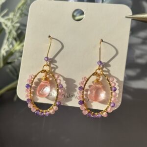 Gold Wire Circle Strawberry Quartz Earrings — handcrafted wire-wrapped gemstone jewelry, main photo