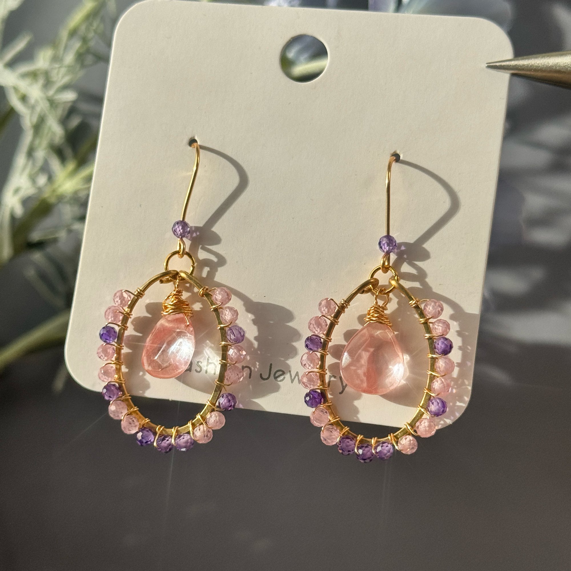 Gold Wire Circle Strawberry Quartz Earrings — handcrafted wire-wrapped gemstone jewelry, main photo
