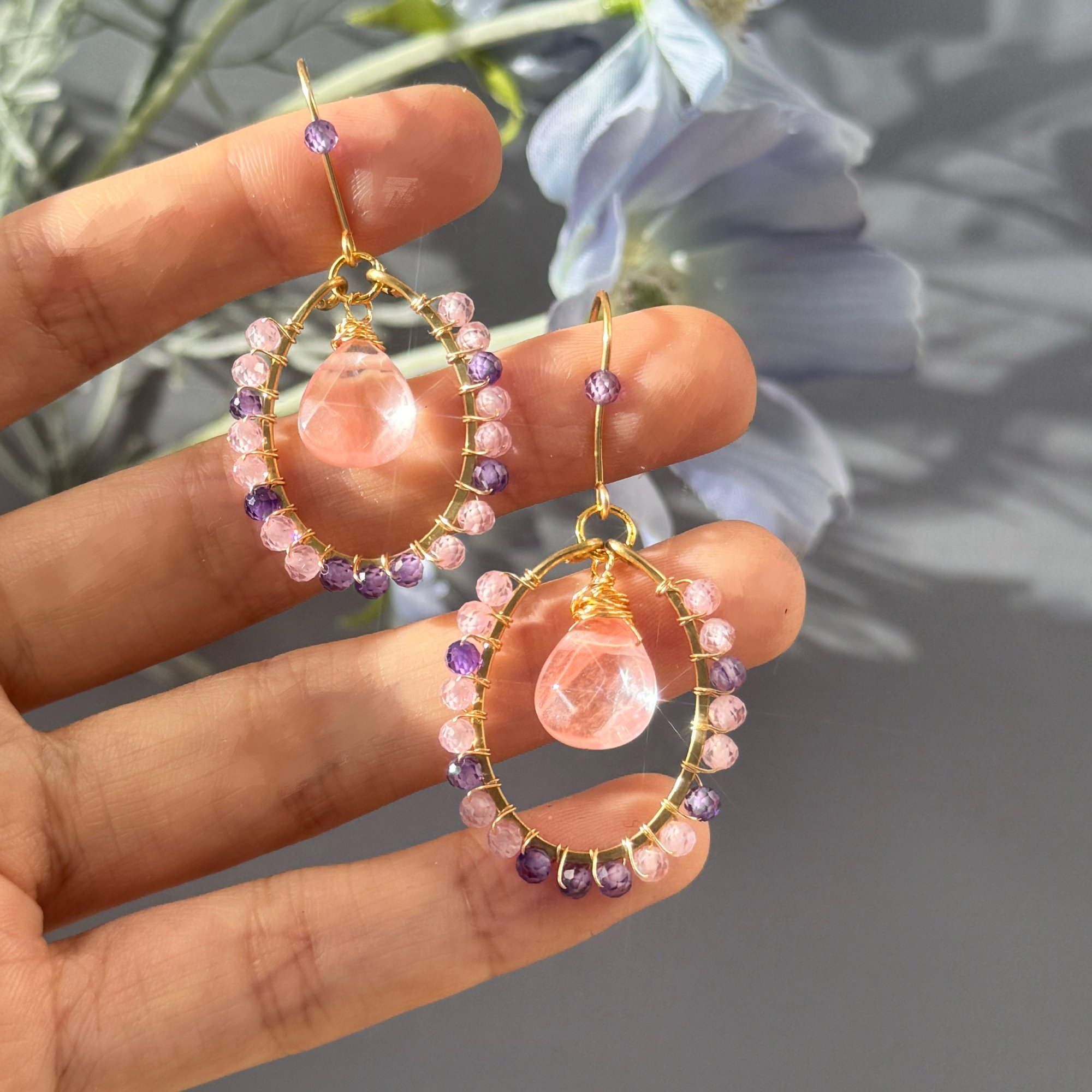 Gold Wire Circle Strawberry Quartz Earrings — handcrafted wire-wrapped gemstone jewelry, photo 2
