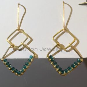 Gold Wire Geometric Emerald Earrings — handcrafted wire-wrapped gemstone jewelry, photo 2