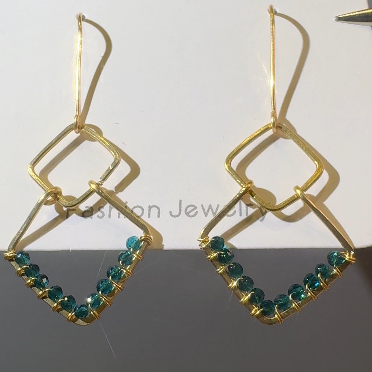 Gold Wire Geometric Emerald Earrings — handcrafted wire-wrapped gemstone jewelry, photo 2