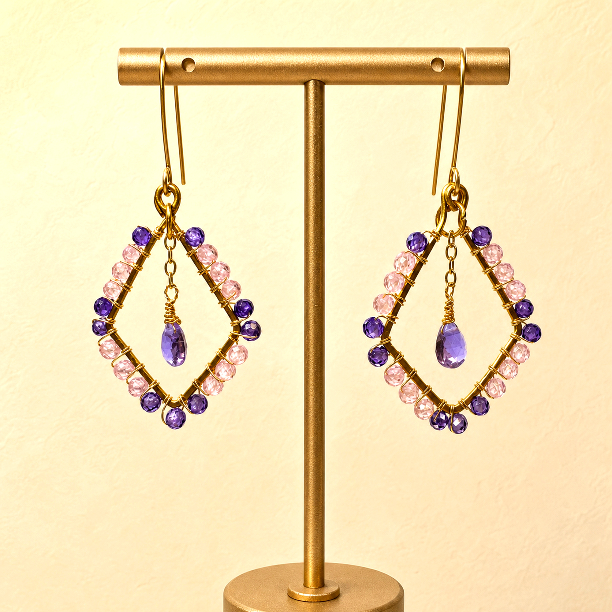 Gold Wire Heart Amethyst Earrings