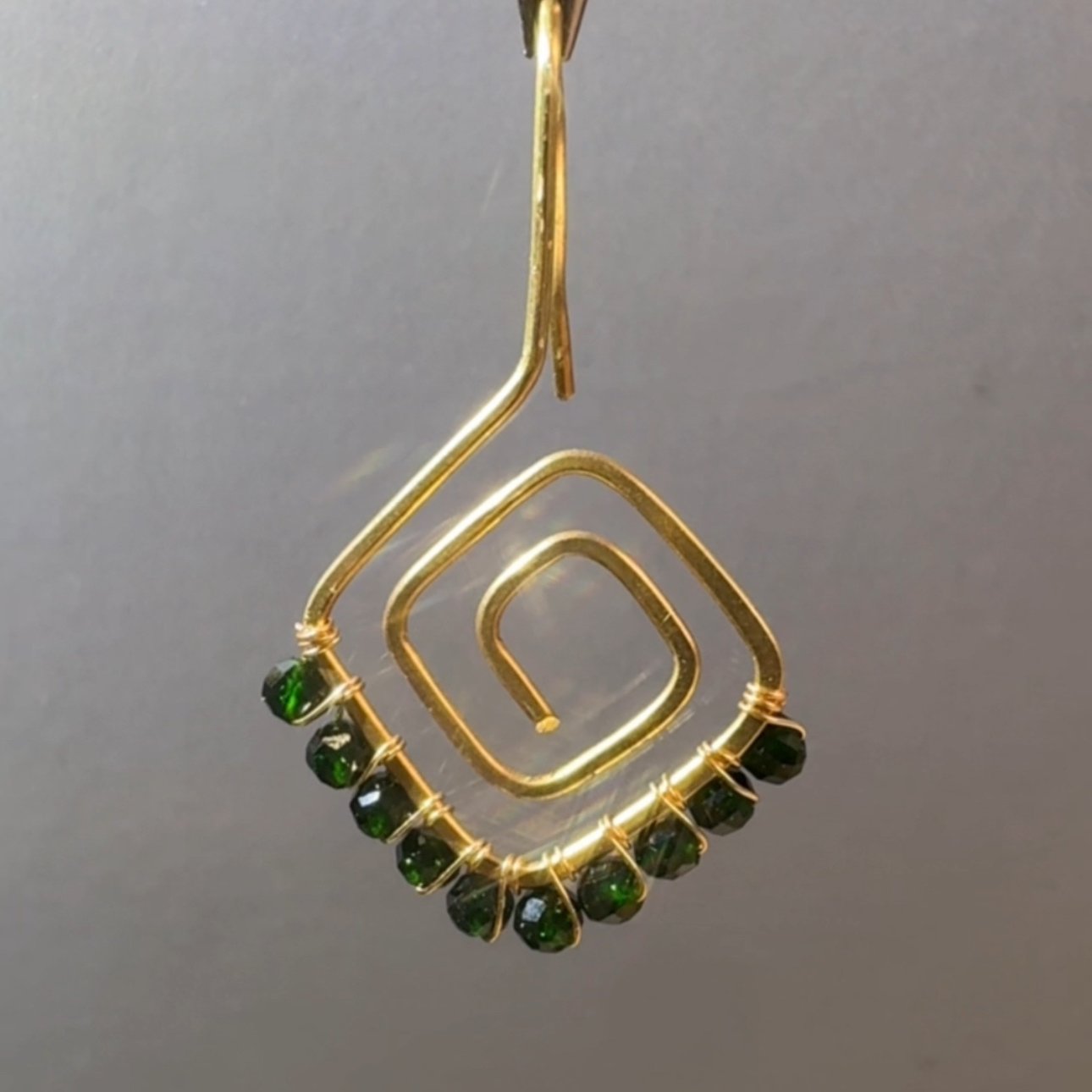 Gold Wire Square Spiral Emerald Earrings — handcrafted wire-wrapped gemstone jewelry, main photo
