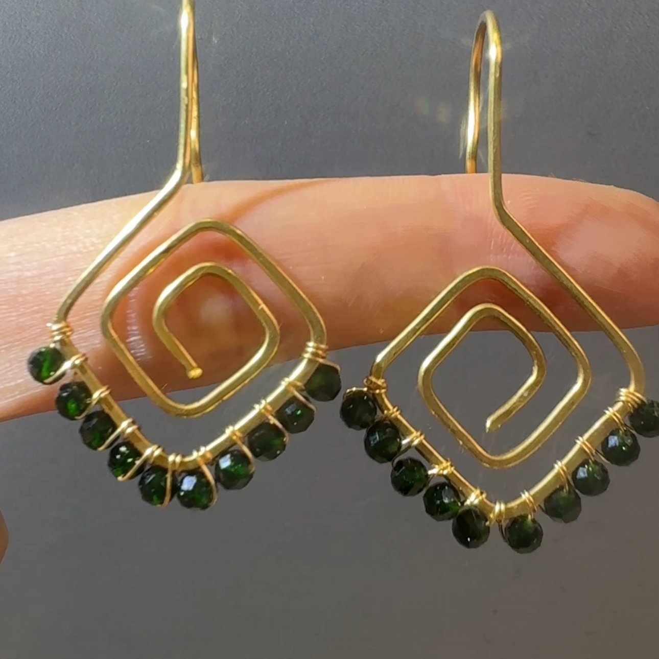 Gold Wire Square Spiral Emerald Earrings Gold Wire Square Spiral Emerald Earrings — handcrafted wire-wrapped gemstone jewelry, photo 2