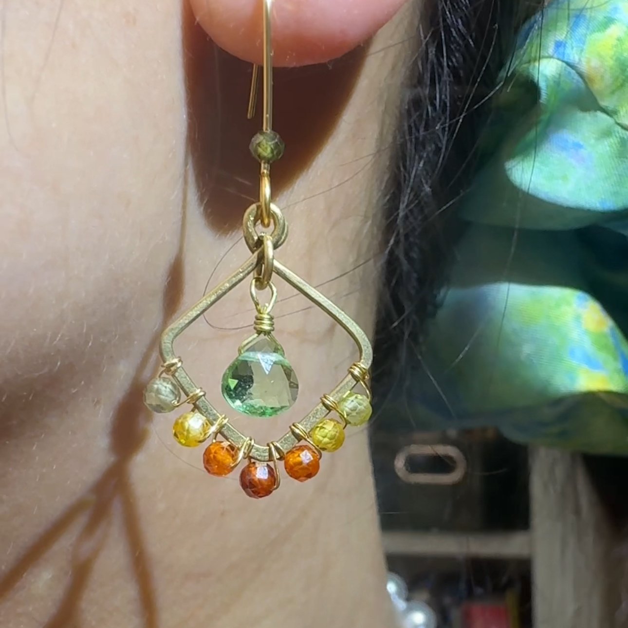 Gold Wire Kite Autumn Gemstone Earrings — handcrafted wire-wrapped gemstone jewelry, main photo