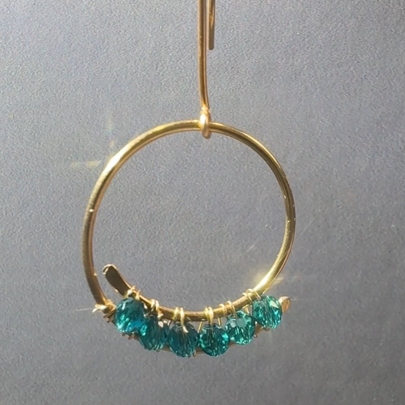 Gold Wire Hoop Teal Drop Earrings — handcrafted wire-wrapped gemstone jewelry, main photo