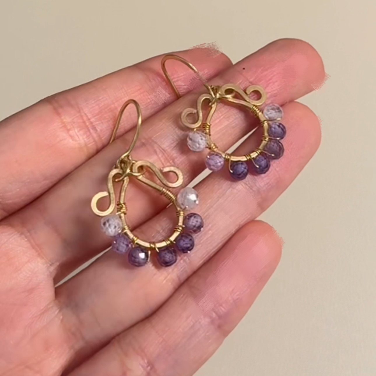 Gold Wire Mini Hoop Amethyst Earrings — handcrafted wire-wrapped gemstone jewelry, main photo