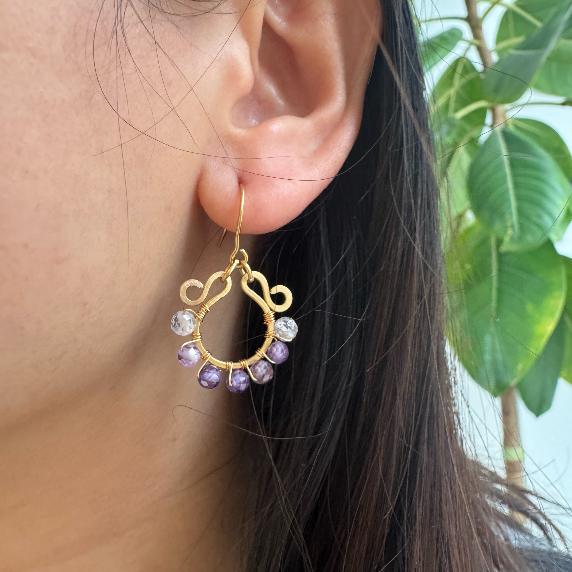 Gold Wire Mini Hoop Amethyst Earrings — handcrafted wire-wrapped gemstone jewelry, photo 5
