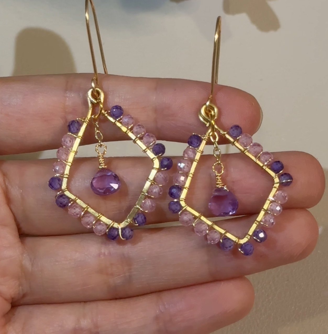 Gold Wire Diamond Amethyst Halo Earrings Gold Wire Diamond Amethyst Halo Earrings — handcrafted wire-wrapped gemstone jewelry, main photo