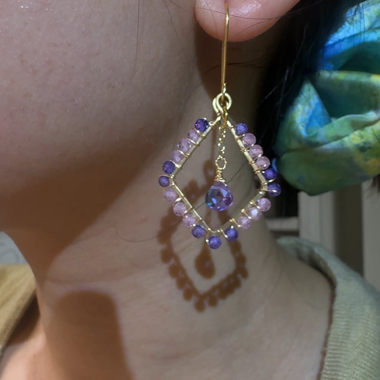 Gold Wire Diamond Amethyst Halo Earrings Gold Wire Diamond Amethyst Halo Earrings — handcrafted wire-wrapped gemstone jewelry, photo 2