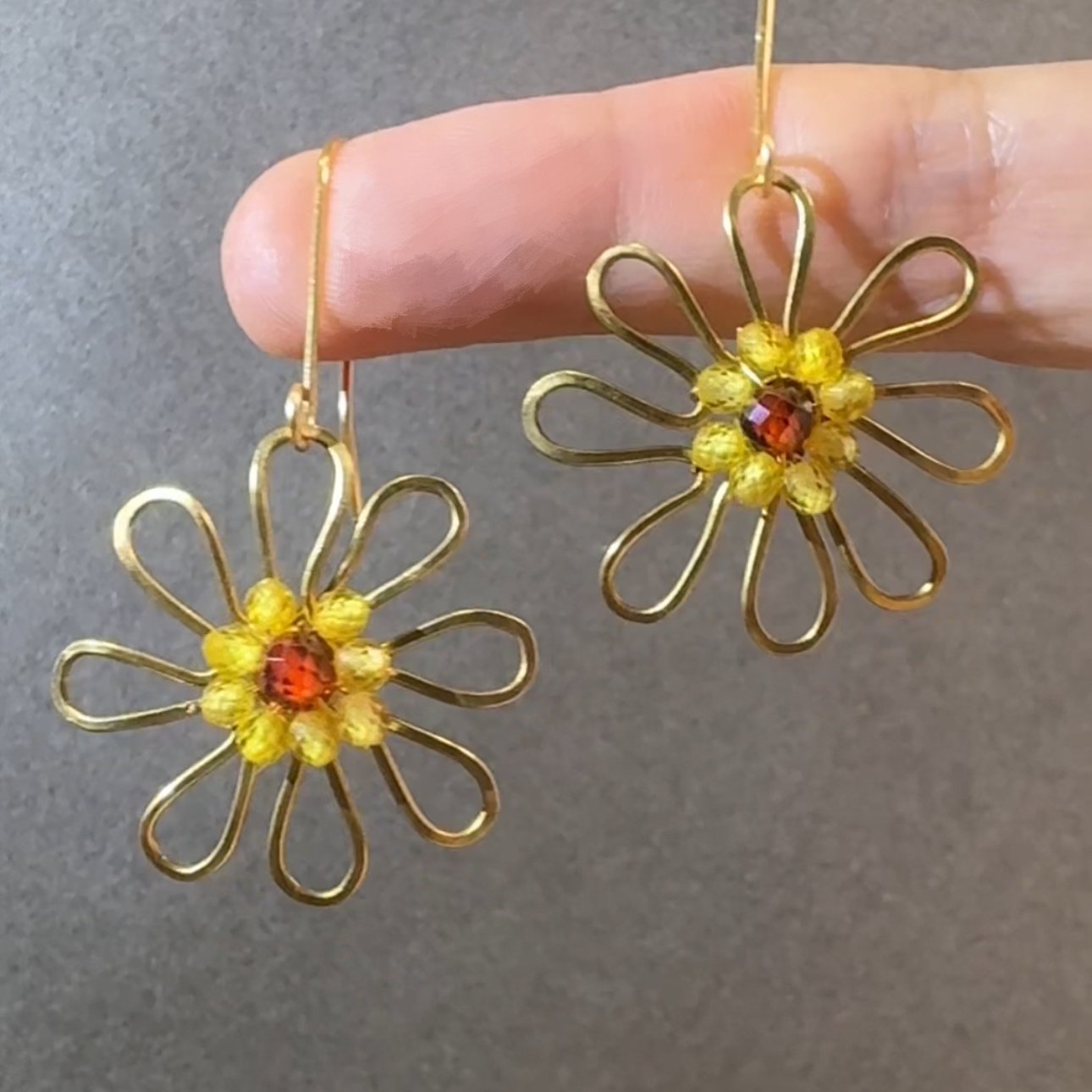 Gold Wire Sunflower Earrings — handcrafted wire-wrapped gemstone jewelry, main photo