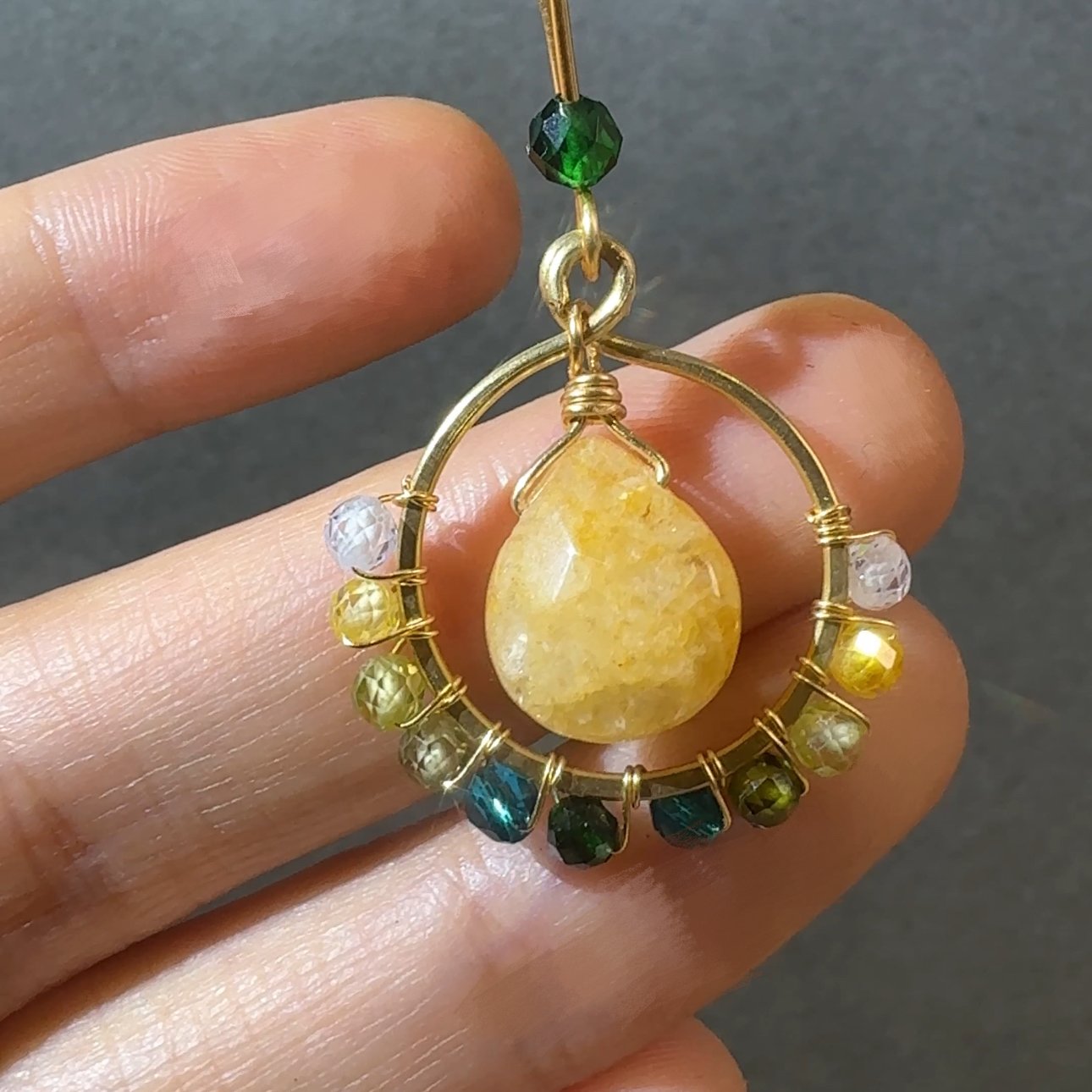 Gold Wire Circle Citrine Earrings — handcrafted wire-wrapped gemstone jewelry, photo 3