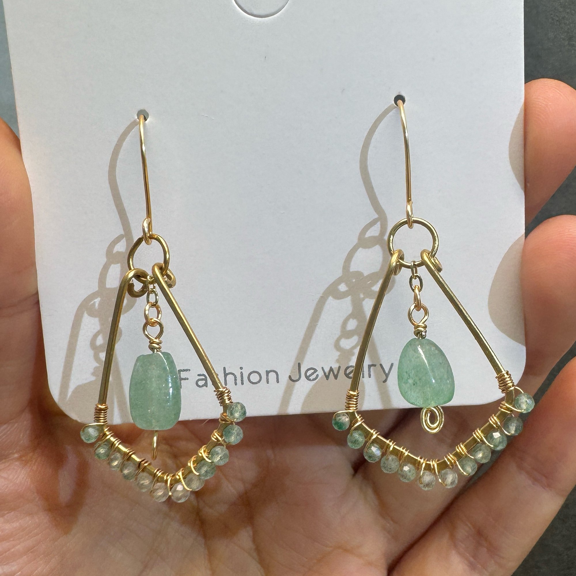 Gold Wire Fan Green Aventurine Earrings — handcrafted wire-wrapped gemstone jewelry, main photo