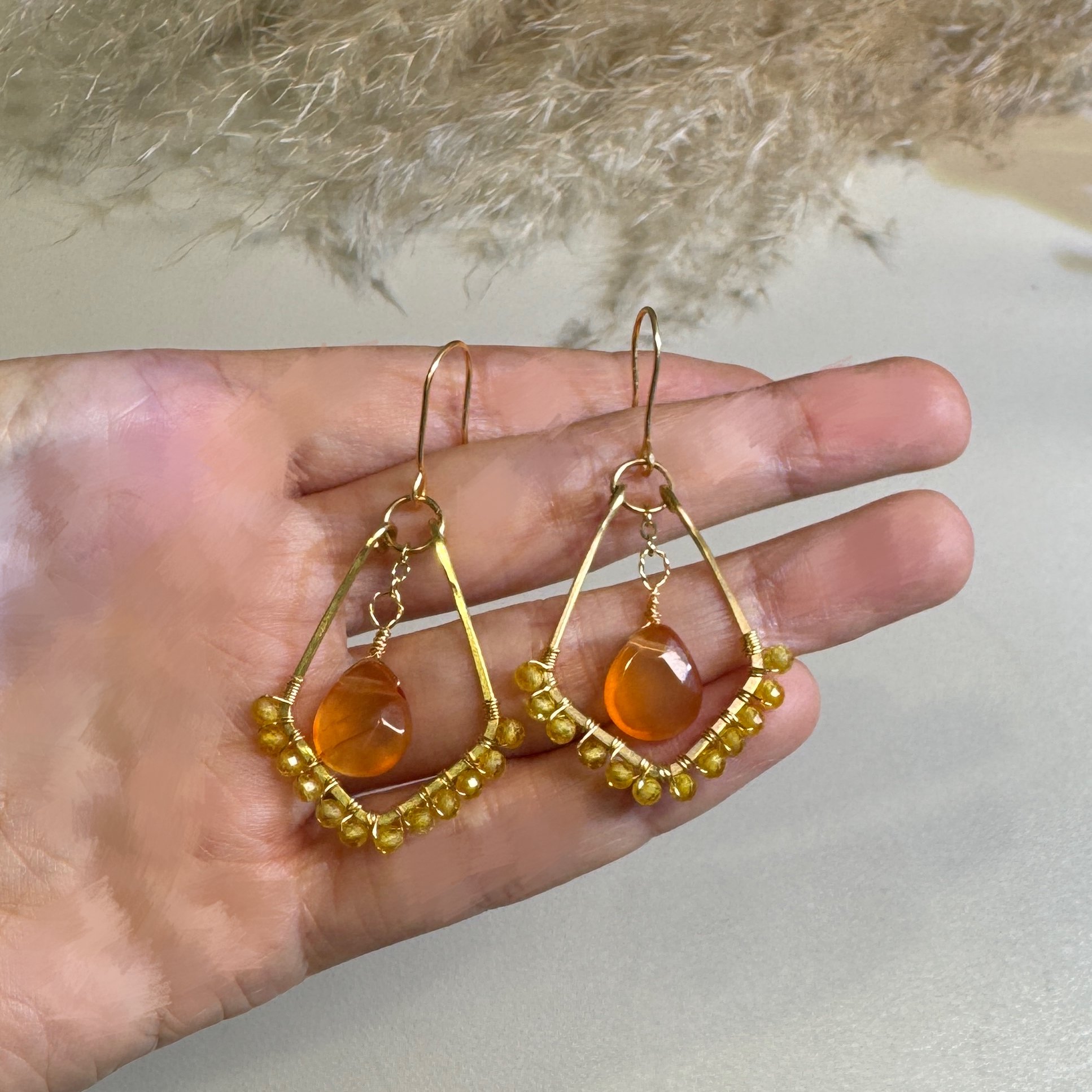 Gold Wire Fan Green Aventurine Earrings — handcrafted wire-wrapped gemstone jewelry, photo 2