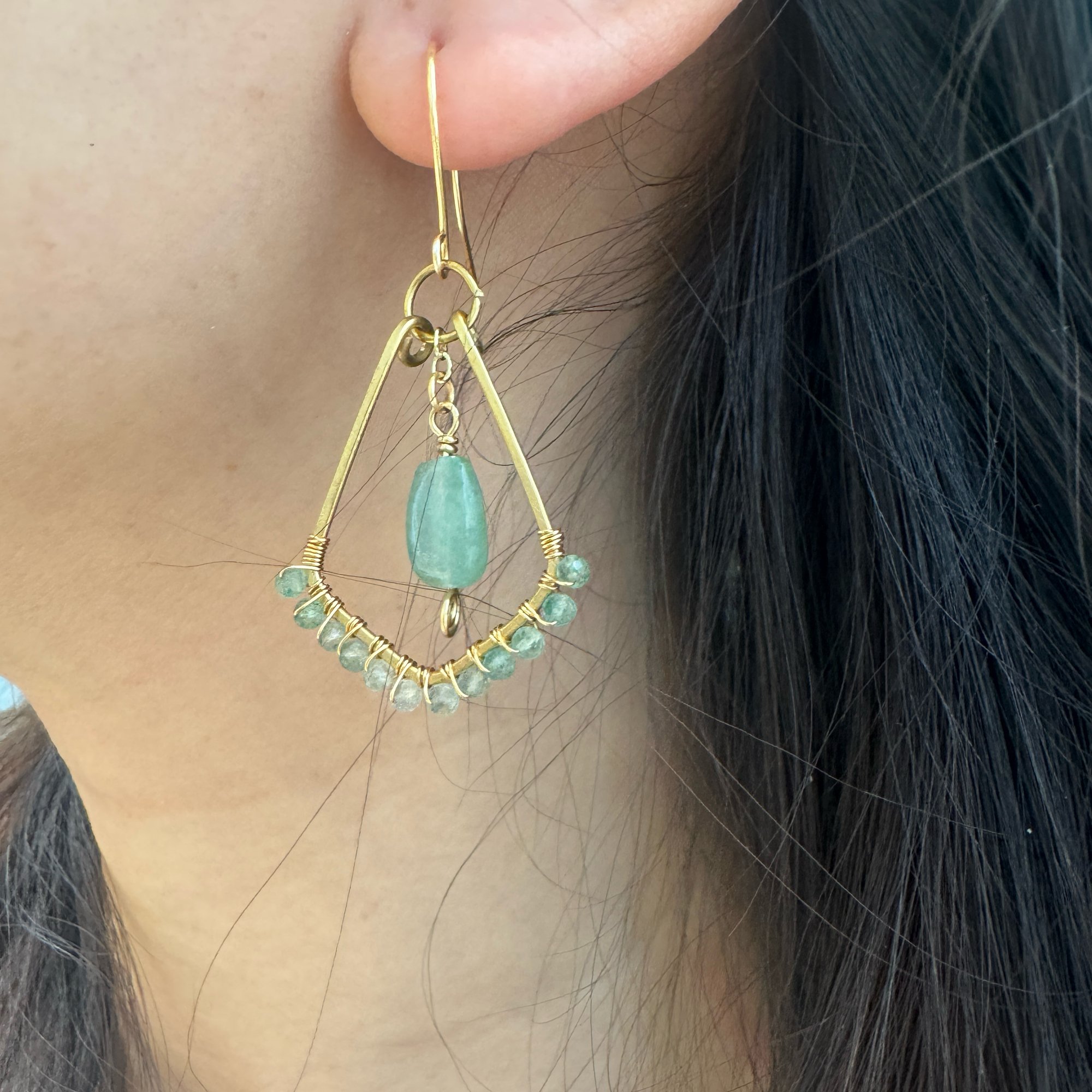 Gold Wire Fan Green Aventurine Earrings — handcrafted wire-wrapped gemstone jewelry, photo 4