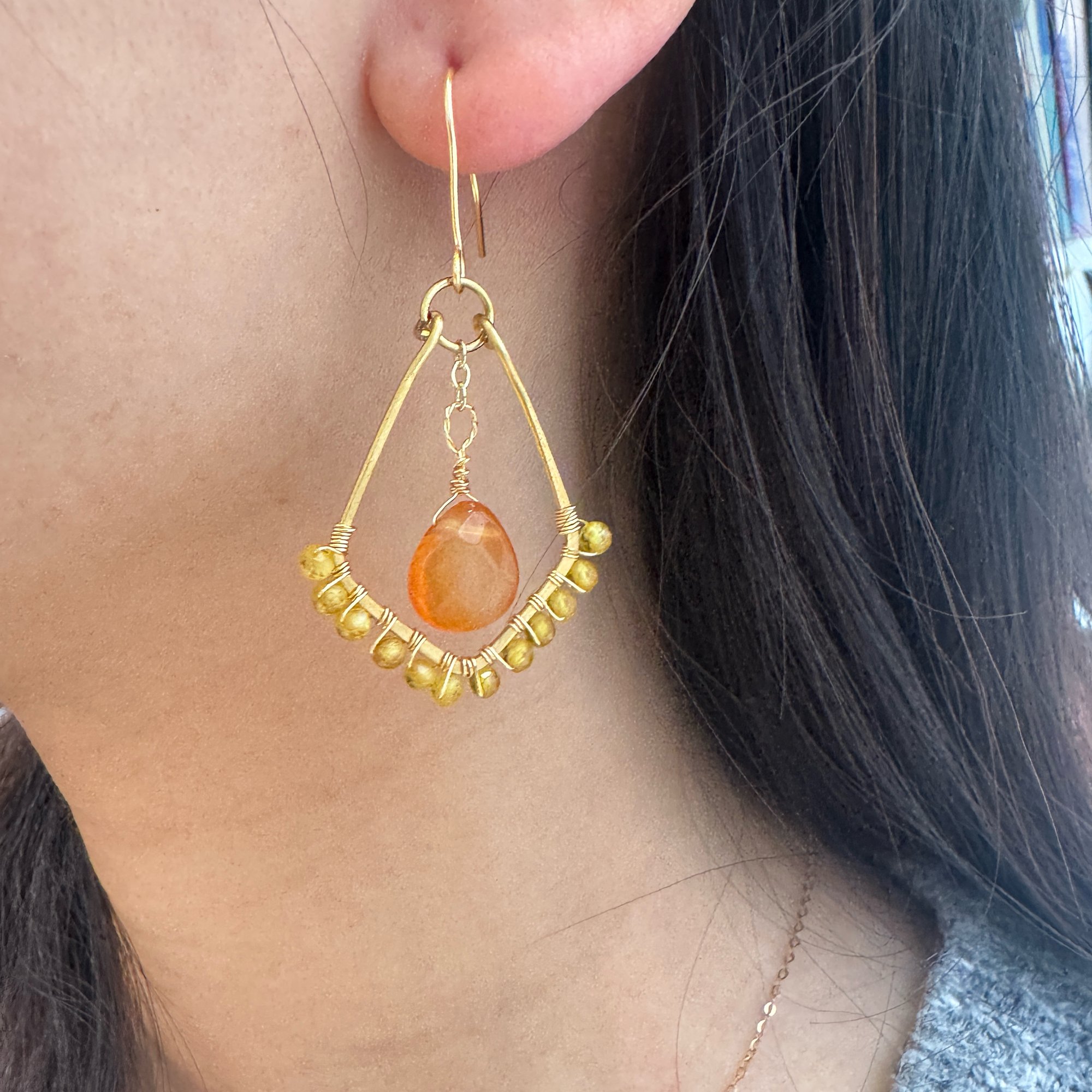 Gold Wire Fan Green Aventurine Earrings — handcrafted wire-wrapped gemstone jewelry, photo 5