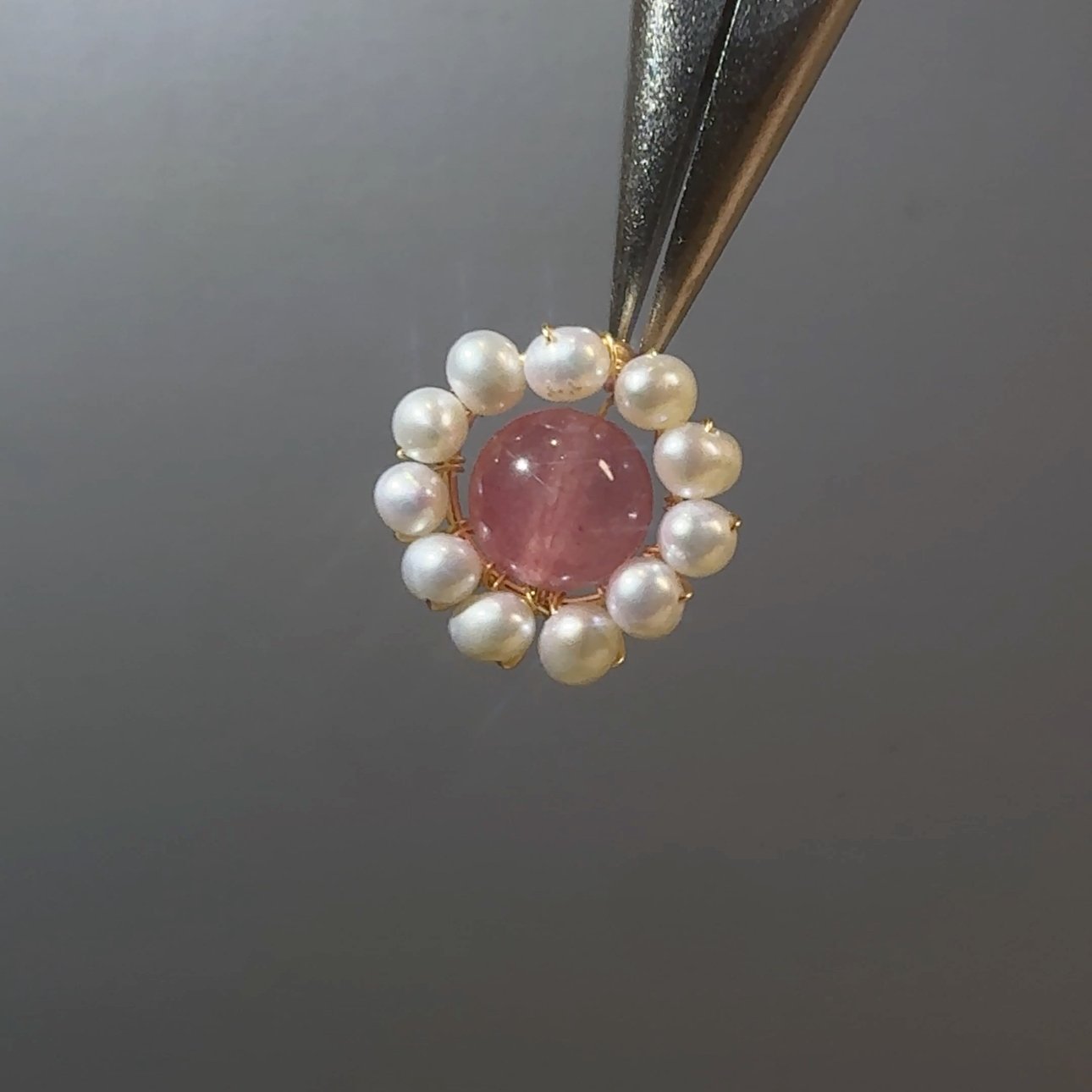 Pink Quartz and Pearl Halo Stud Earrings Pink Quartz and Pearl Halo Stud Earrings — handcrafted wire-wrapped gemstone jewelry, main photo