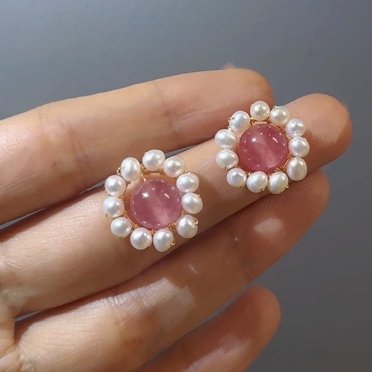 Pink Quartz and Pearl Halo Stud Earrings Pink Quartz and Pearl Halo Stud Earrings — handcrafted wire-wrapped gemstone jewelry, photo 2