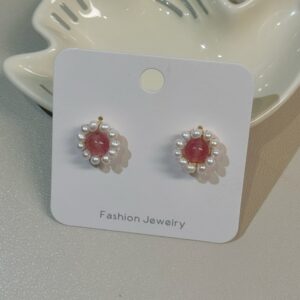 Pink Quartz and Pearl Halo Stud Earrings — handcrafted wire-wrapped gemstone jewelry, photo 3