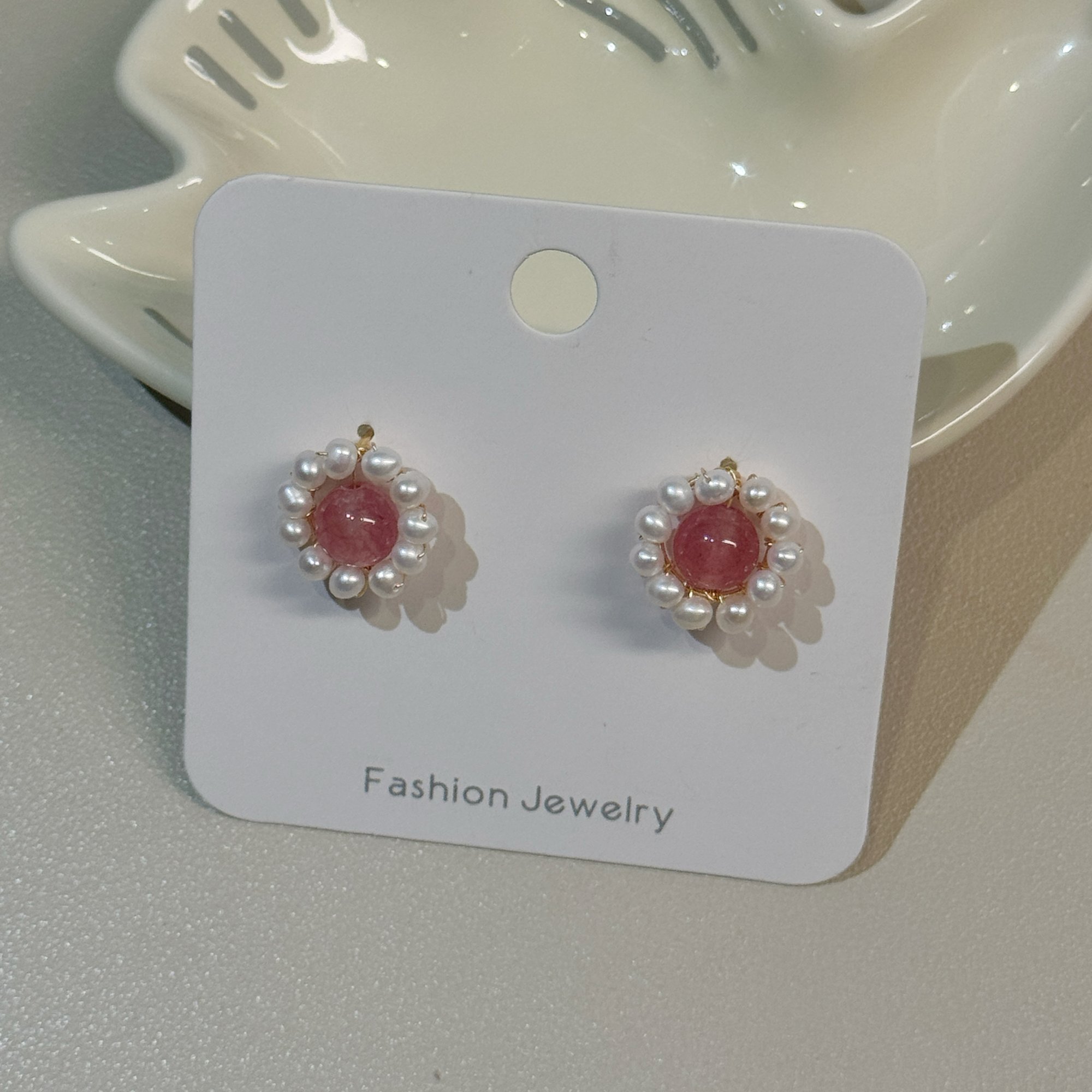 Pink Quartz and Pearl Halo Stud Earrings Pink Quartz and Pearl Halo Stud Earrings — handcrafted wire-wrapped gemstone jewelry, photo 3