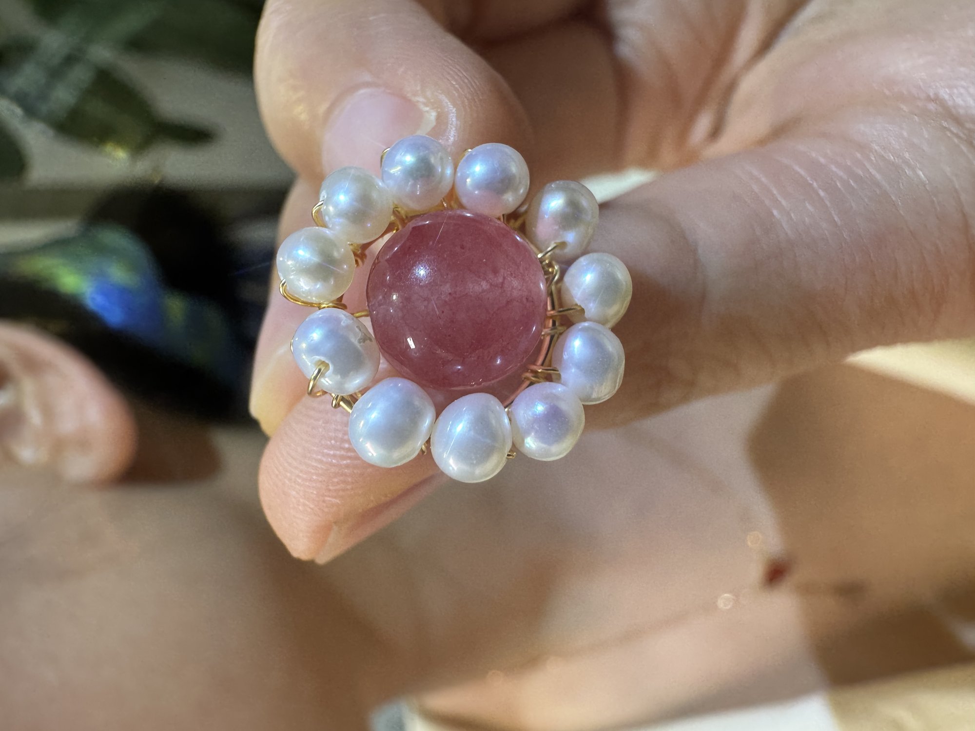 Pink Quartz and Pearl Halo Stud Earrings Pink Quartz and Pearl Halo Stud Earrings — handcrafted wire-wrapped gemstone jewelry, photo 4