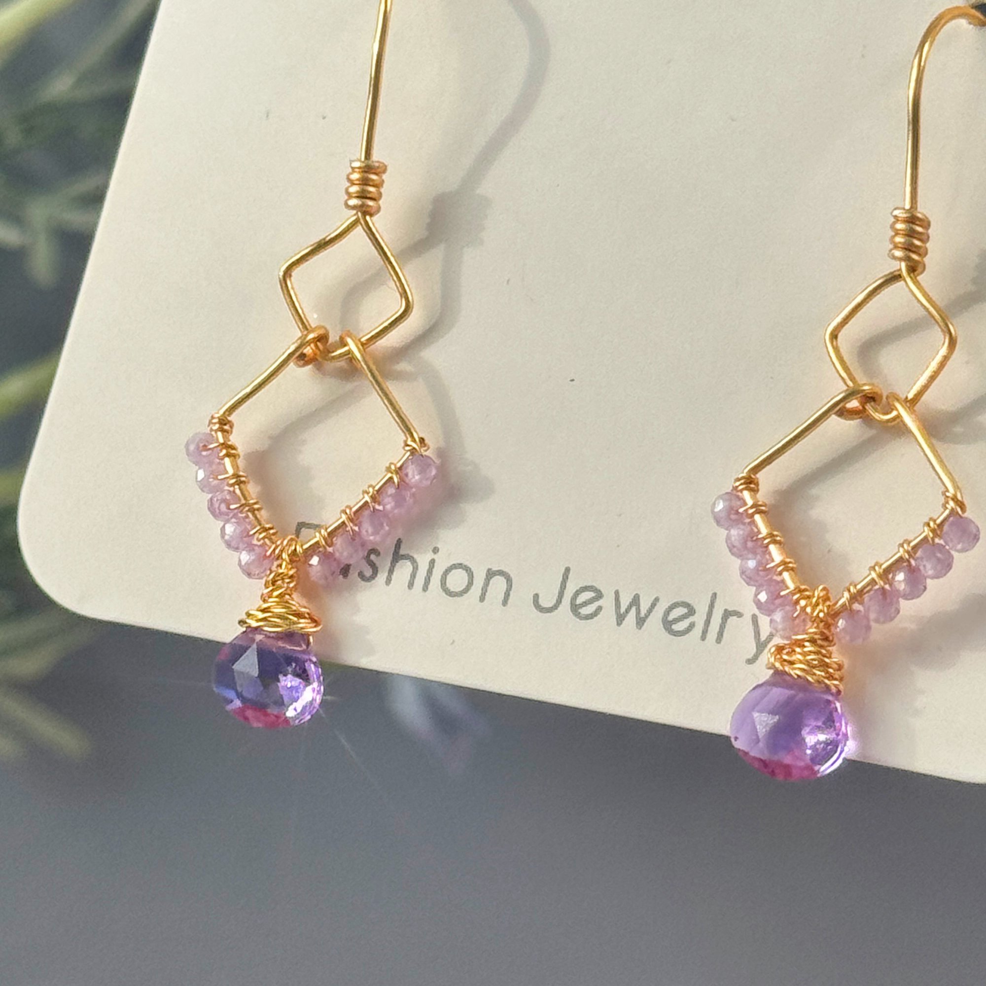 Gold Wire Diamond Pink Amethyst Earrings Gold Wire Diamond Pink Amethyst Earrings — handcrafted wire-wrapped gemstone jewelry, detail photo