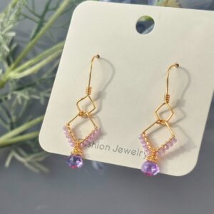 Gold Wire Diamond Pink Amethyst Earrings — handcrafted wire-wrapped gemstone jewelry, main photo