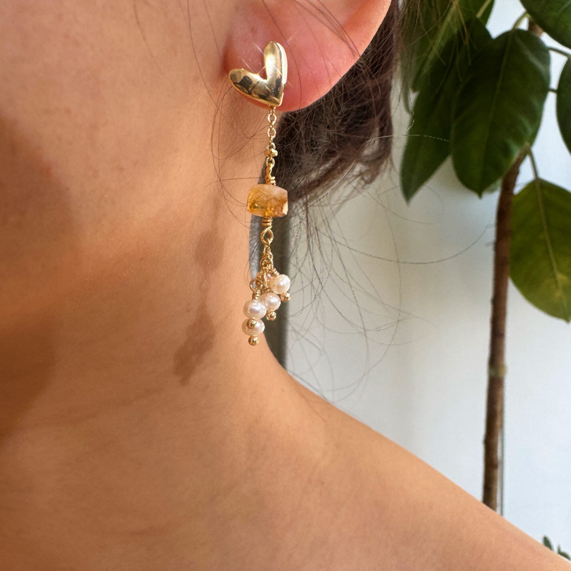 Gold Heart Citrine & Pearl Drop Earrings