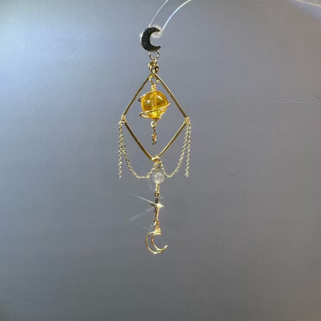 Gold Planet Citrine Drop Earrings with Star & Moon