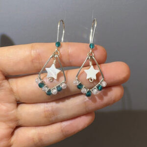 Silver-tone wire star teal crystal drop earrings - pair