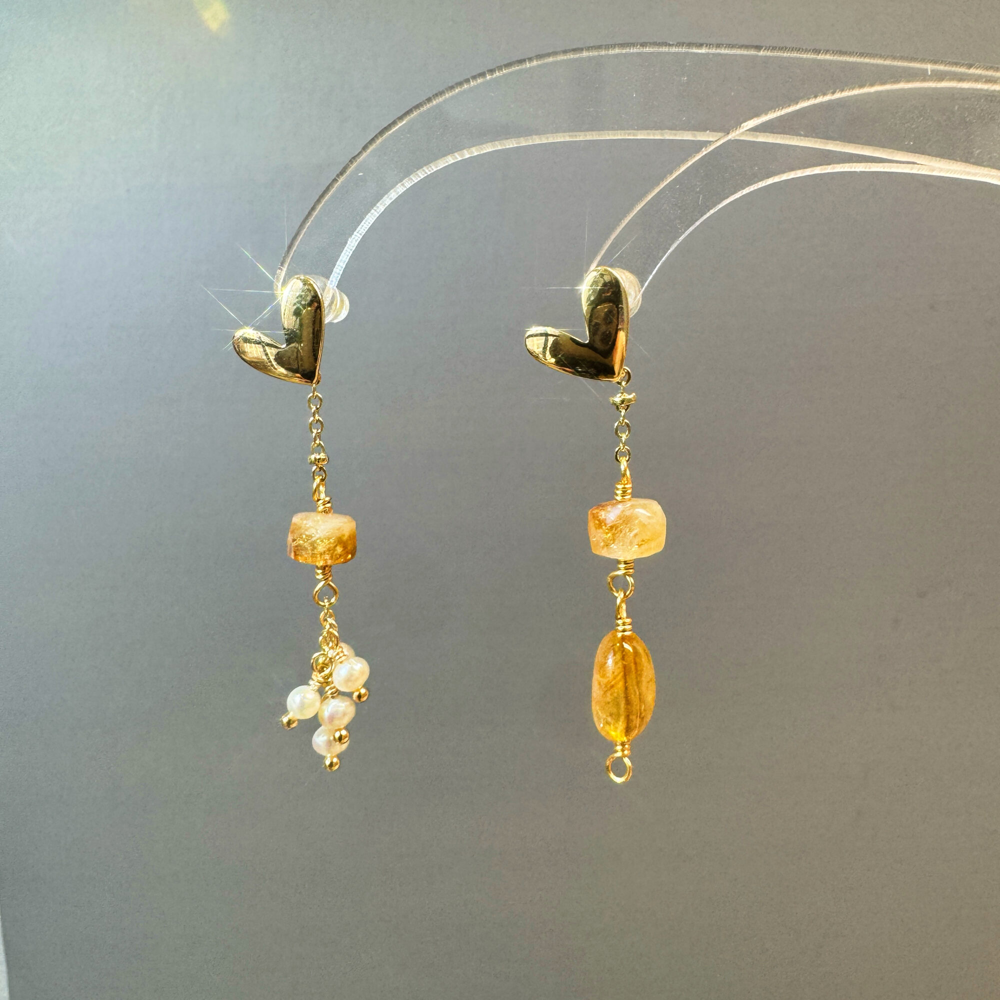 Gold Heart Citrine & Pearl Drop Earrings