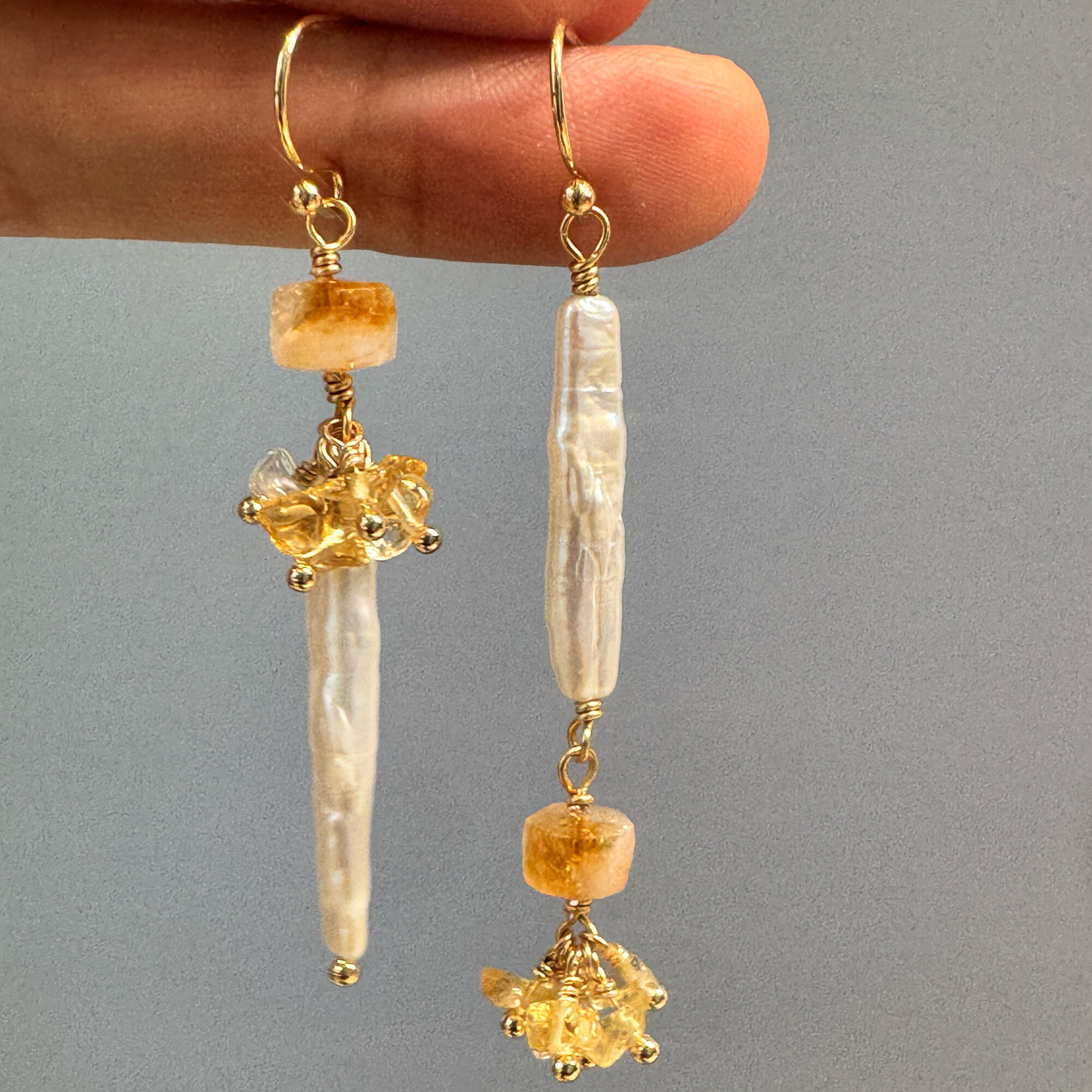 Gold Stick Pearl & Citrine Drop Earrings