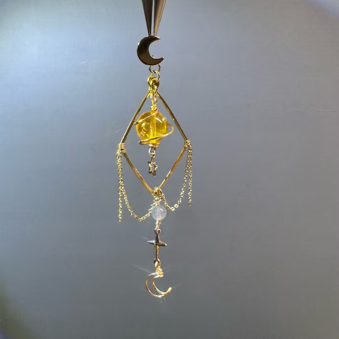 Gold Planet Citrine Drop Earrings with Star & Moon