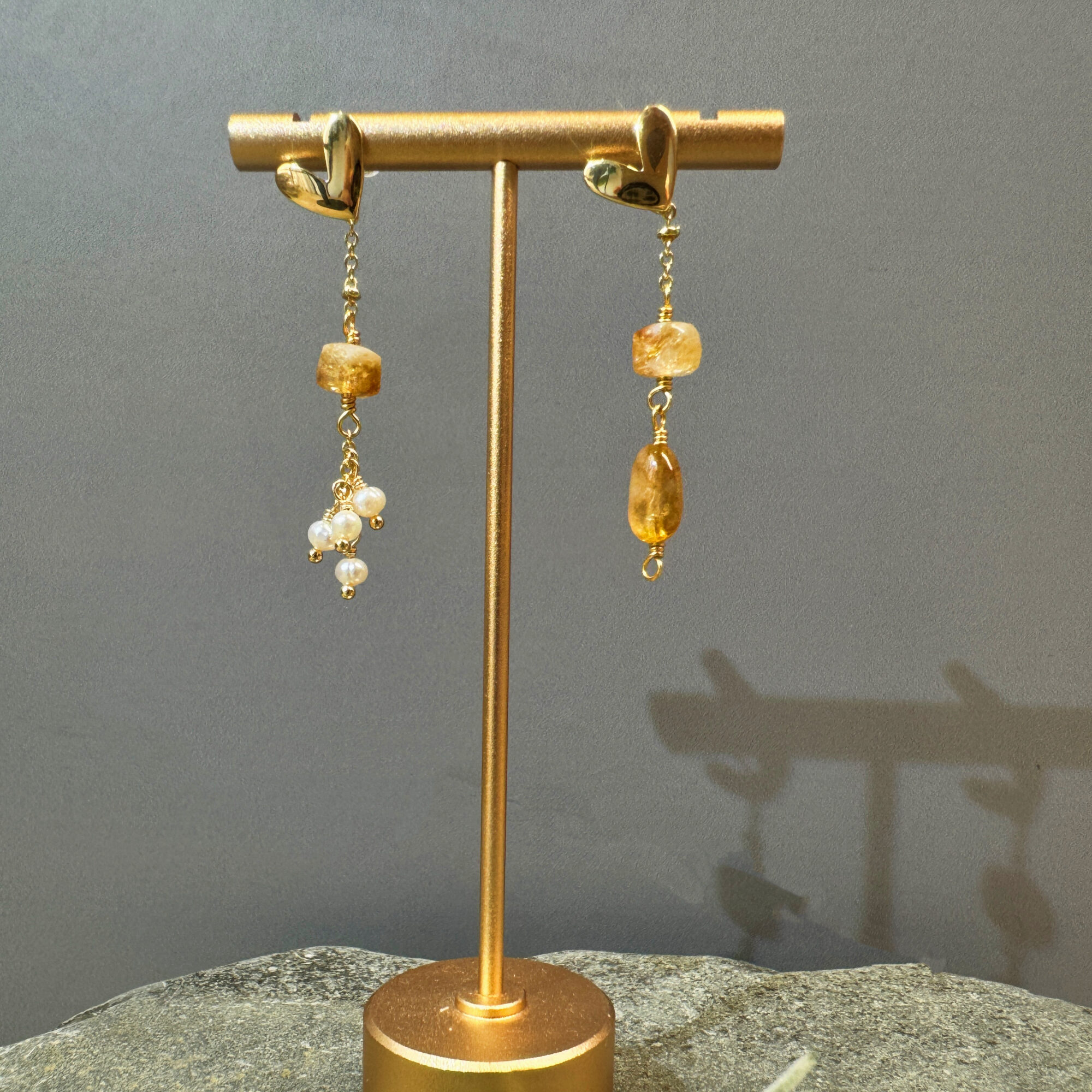 Gold Heart Citrine & Pearl Drop Earrings