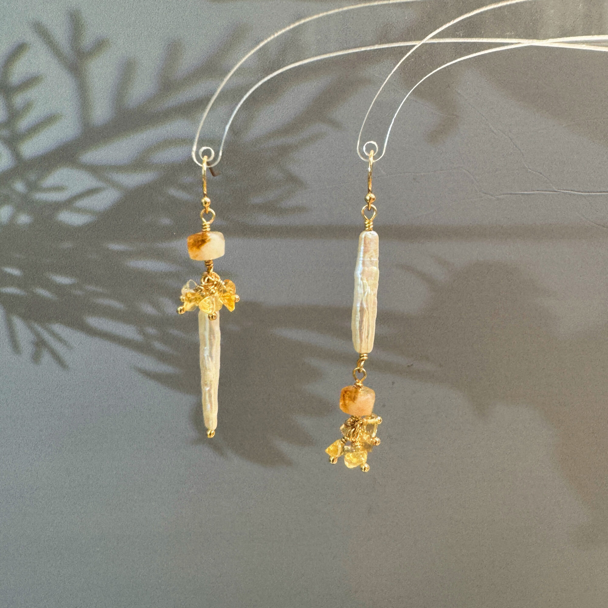 Gold Stick Pearl & Citrine Drop Earrings