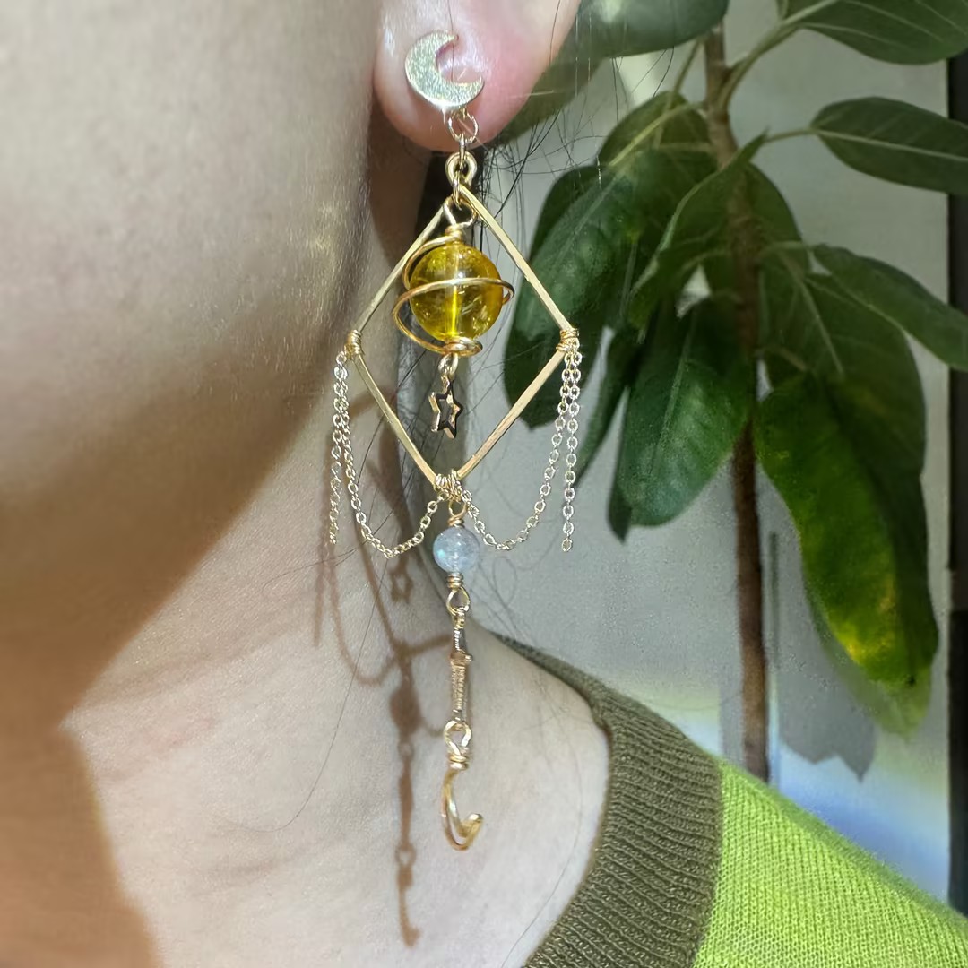 Gold Planet Citrine Drop Earrings with Star & Moon