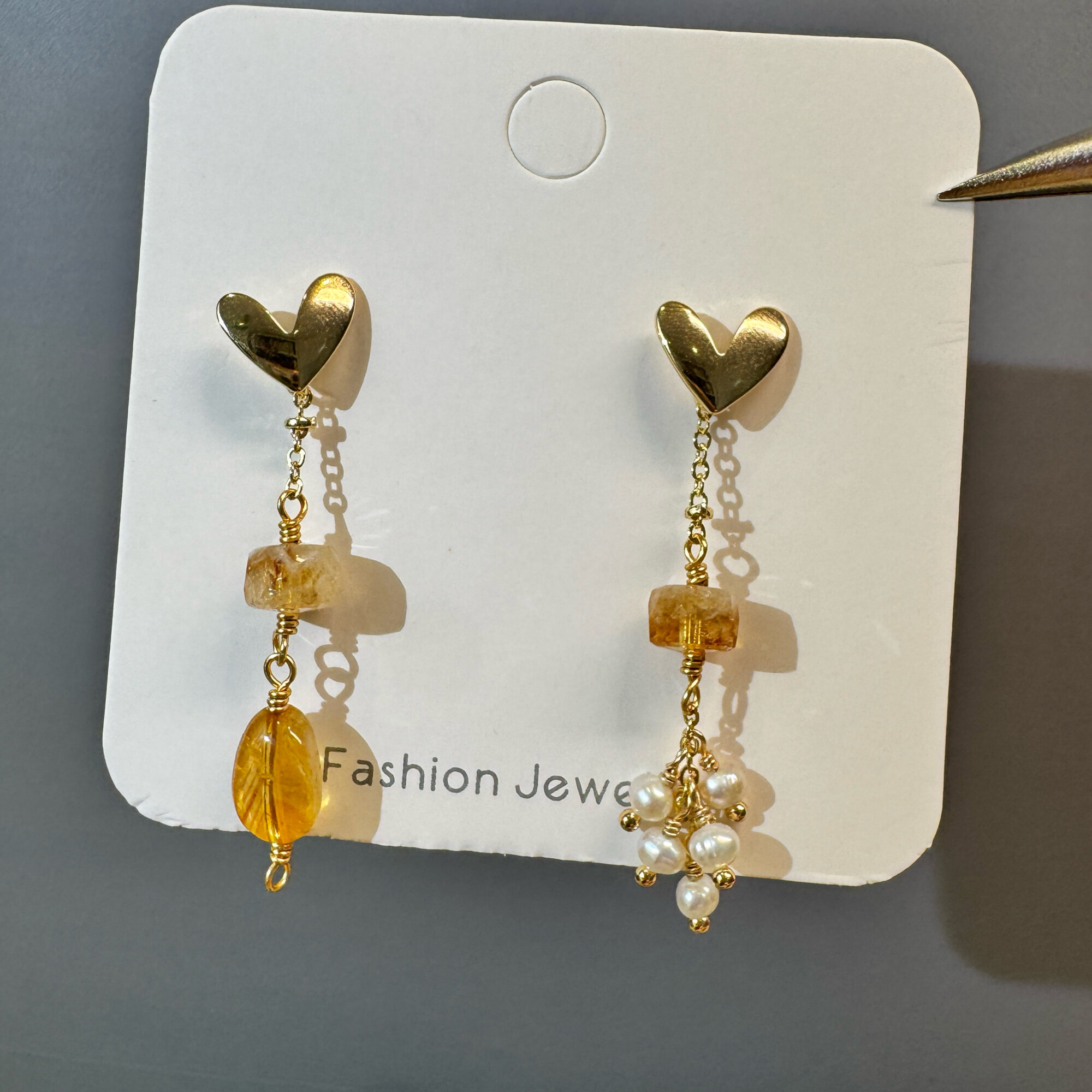 Gold Heart Citrine & Pearl Drop Earrings