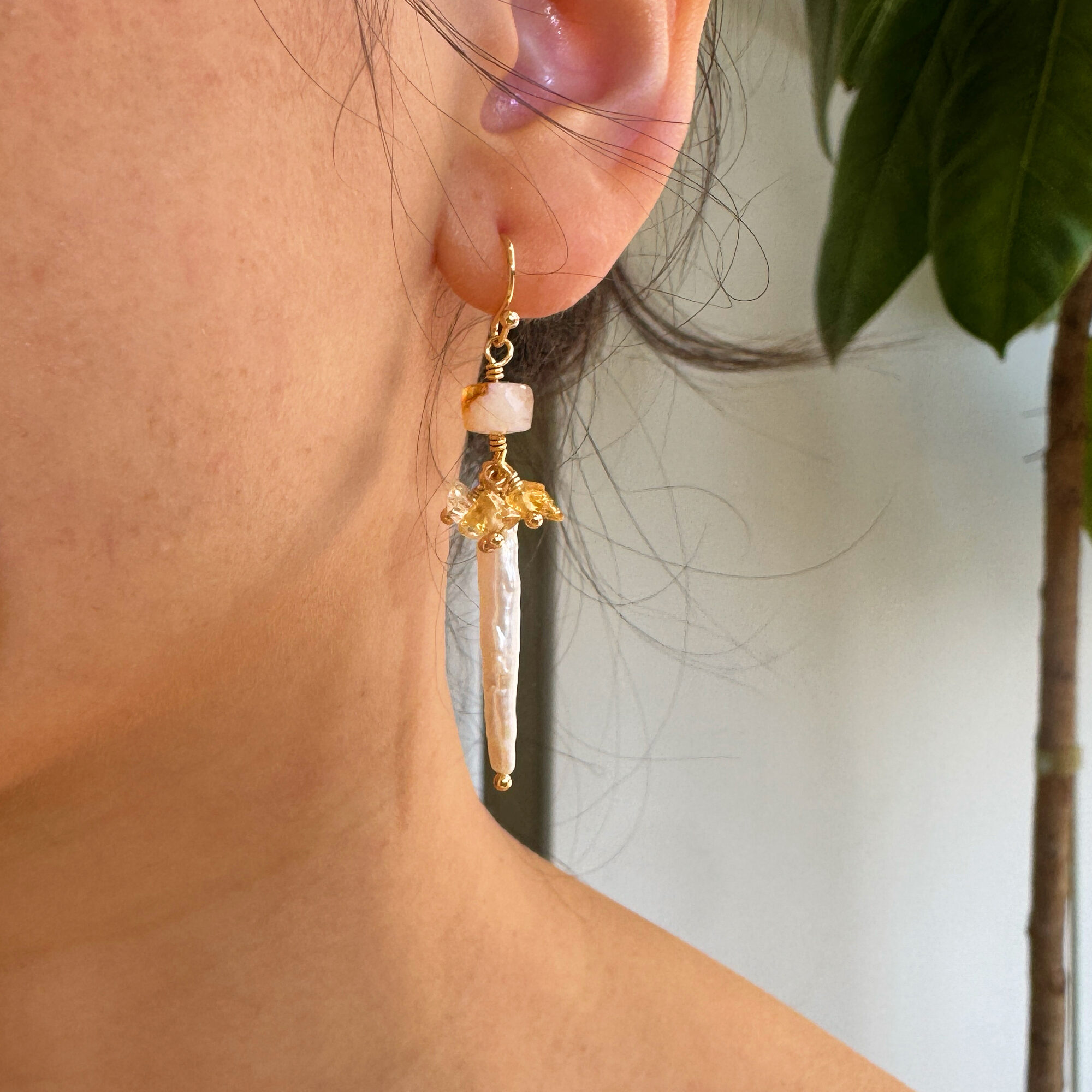Gold Stick Pearl & Citrine Drop Earrings