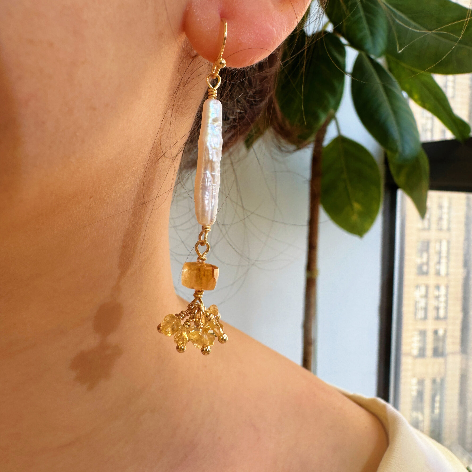 Gold Stick Pearl & Citrine Drop Earrings