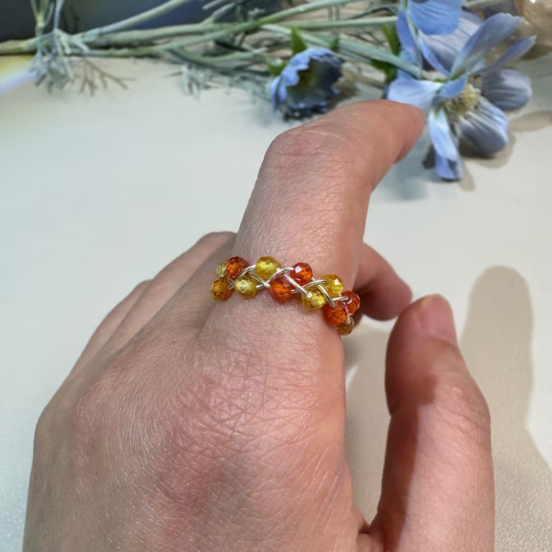 Sunset Crystal Beaded Wire-Wrapped Ring