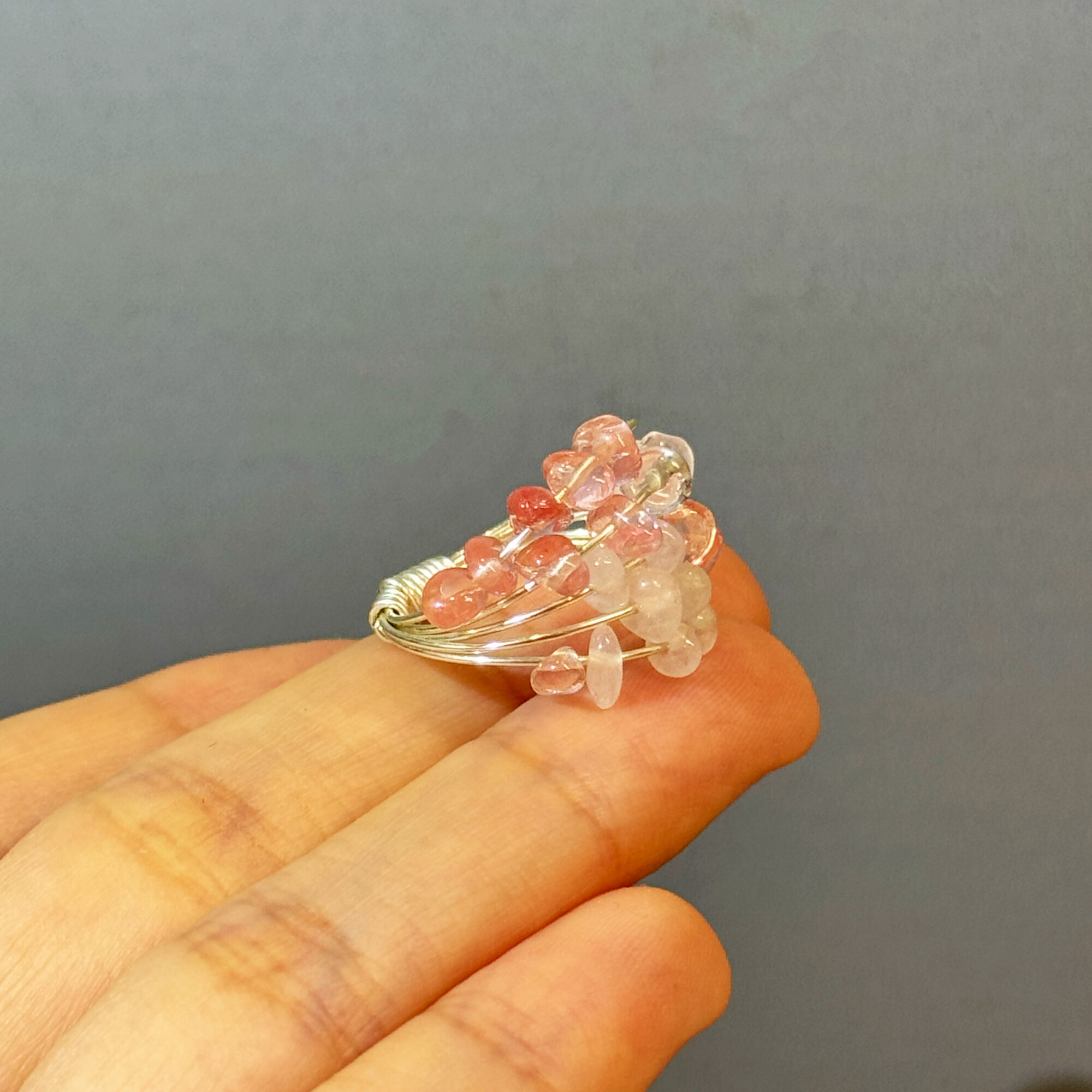 product8-02 Pink Crystal Cluster Wire-Wrapped Ring